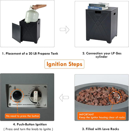 28-Inch Gas Fire Pit with Propane Tank Cover, 50,000 BTU Round Table, Pre-Attached 10FT Propane Hose, Gray