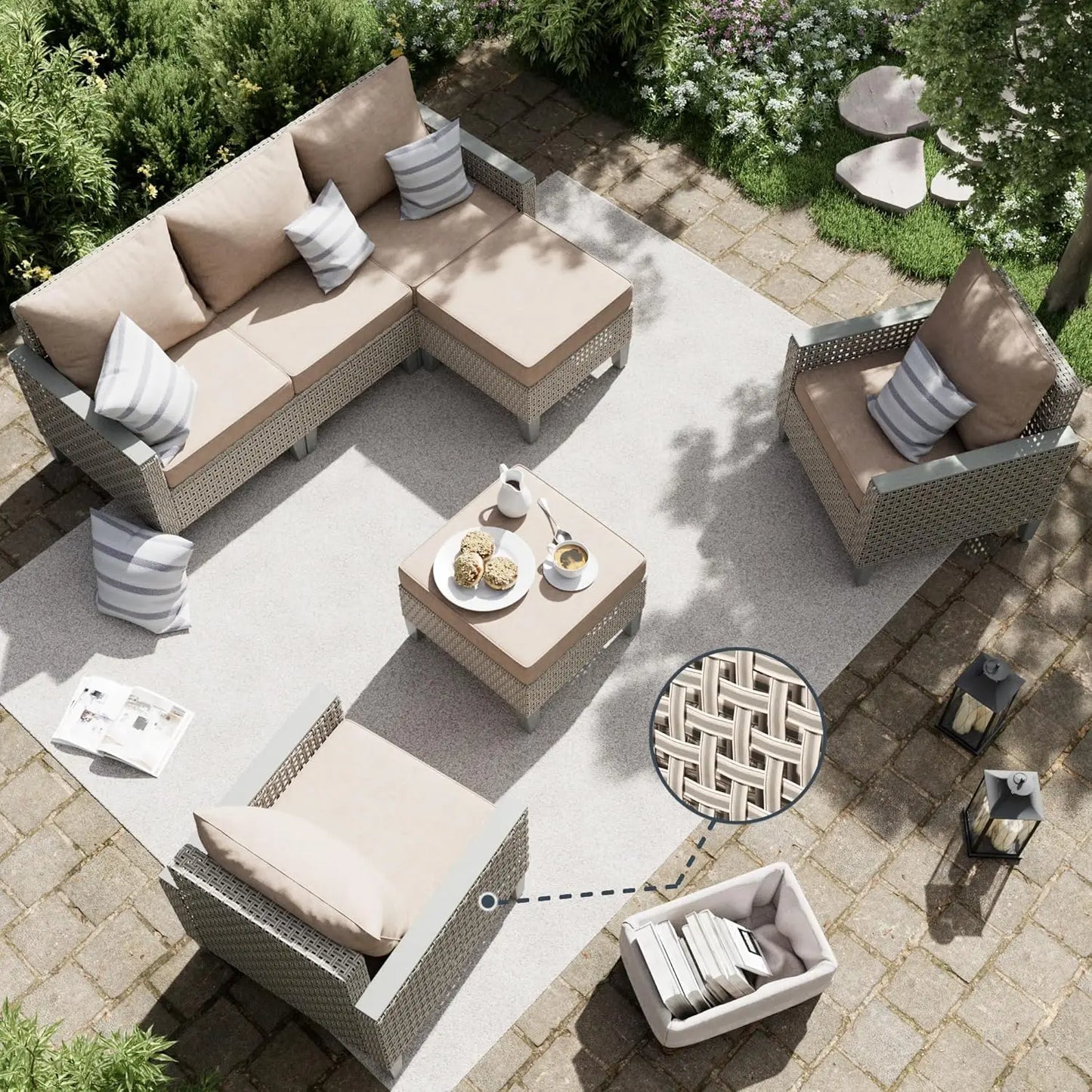 7 Piece Modern Rattan Modular Wicker Outdoor Sectional Sofa with Ottomans and Thick Cushions