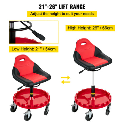 300 Lbs.  21 to 26" Adjustable Heights Rolling Garage Stool with Swivel Casters and Tool Tray