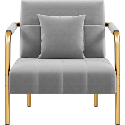 30" W Oversized Velvet Accent Armchair with Golden Frame & Cozy Pillows for the  Living Room, Light Gray
