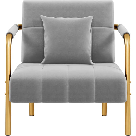 30" W Oversized Velvet Accent Armchair with Golden Frame & Cozy Pillows for the  Living Room, Light Gray