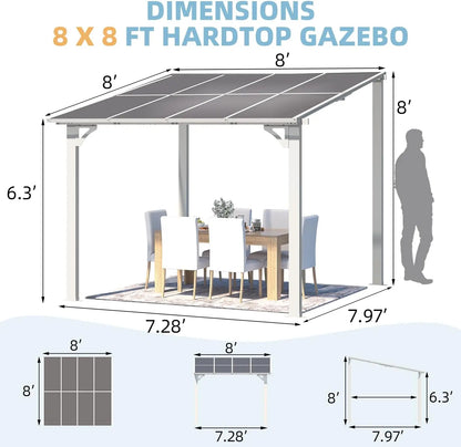 8' x 8' Pergola Gazebo in White, Small Wall Mounted Pergolas and Gazebos on Clearance, Outdoor Patio Lean to Gazebo Metal