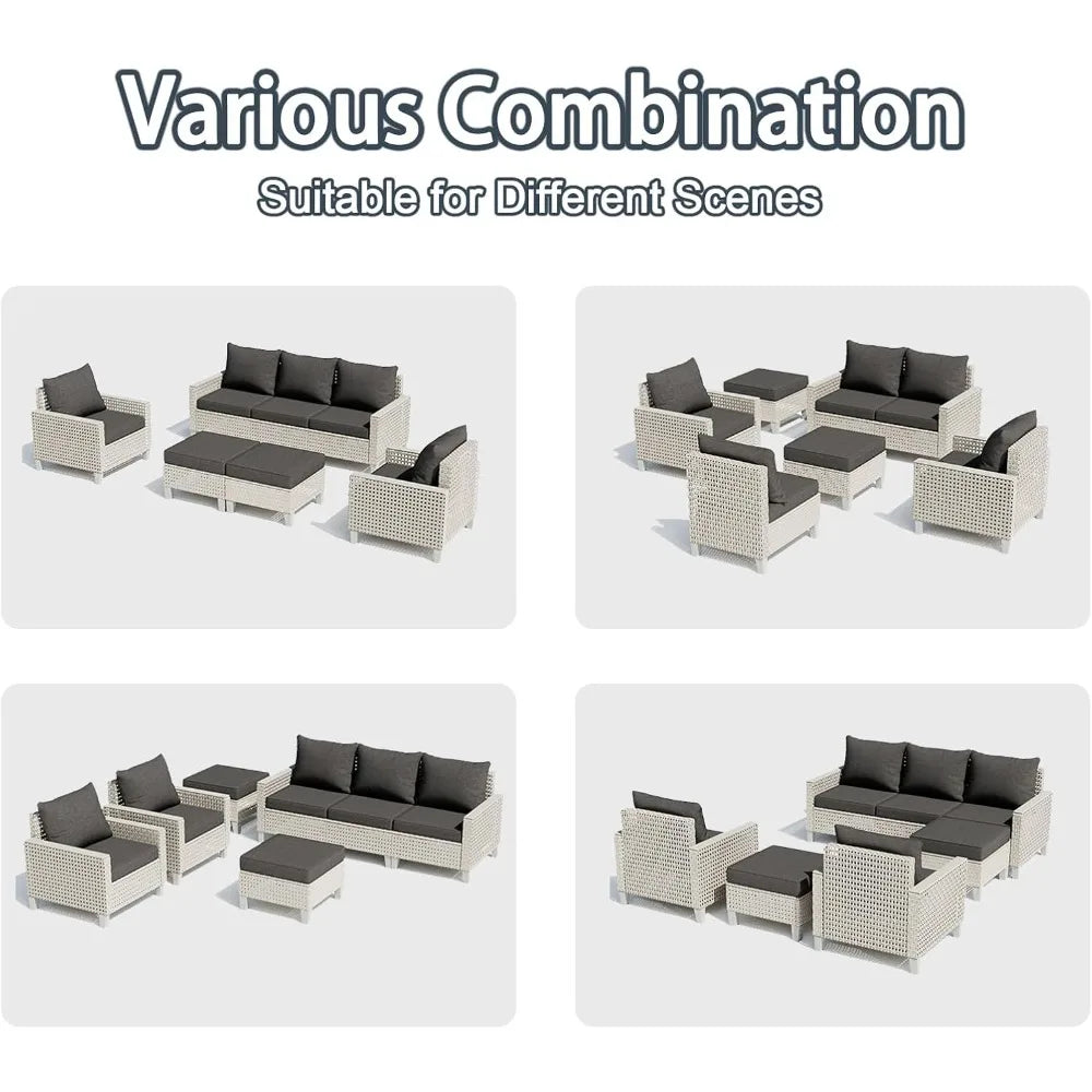 7 Piece Modern Rattan Modular Wicker Outdoor Sectional Sofa with Ottomans and Thick Cushions