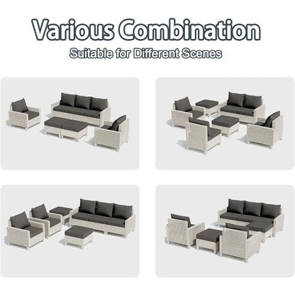 7 Piece Modern Rattan Modular Wicker Outdoor Sectional Sofa with Ottomans and Thick Cushions