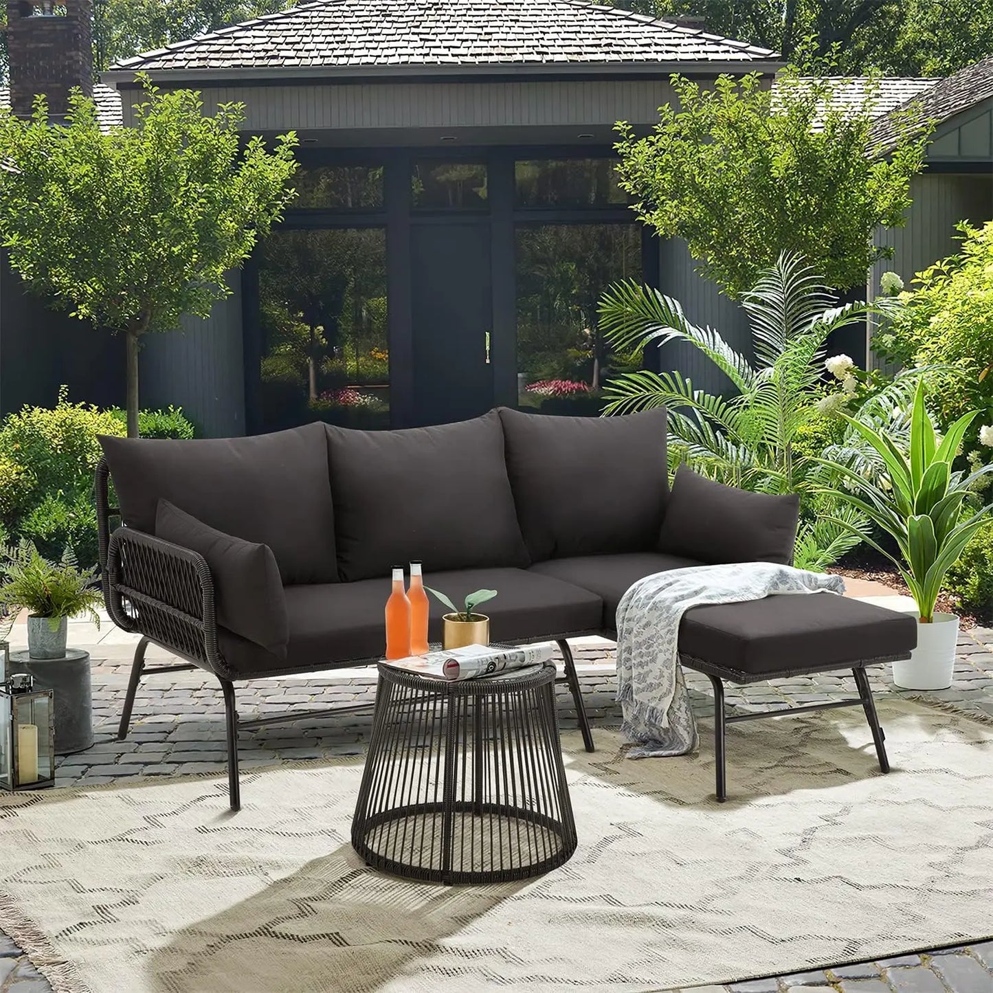 3 Piece Patio Conversation L-Shaped Sectional Sofa Set with Thick Cushions and Toughened Glass Coffee Table