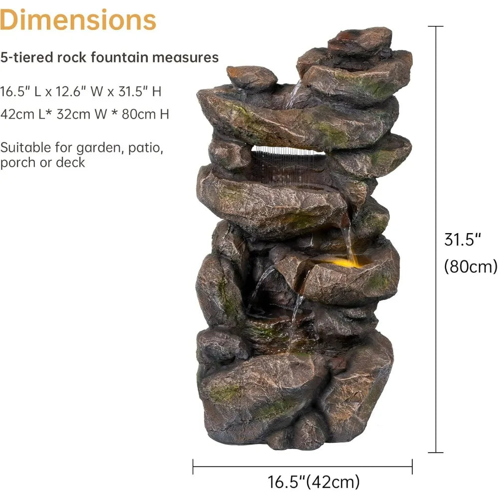 5 Tier 31.5"H Rustic Rock Freestanding Outdoor Floor Waterfall Fountain with Cascading Streams & LED Lights