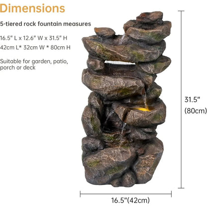 5 Tier 31.5"H Rustic Rock Freestanding Outdoor Floor Waterfall Fountain with Cascading Streams & LED Lights
