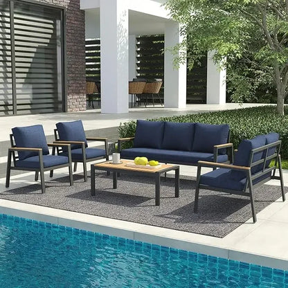 5 Pieces Teak Coffee Table & Cushion Outdoor Patio or Sectional Patio Sofa