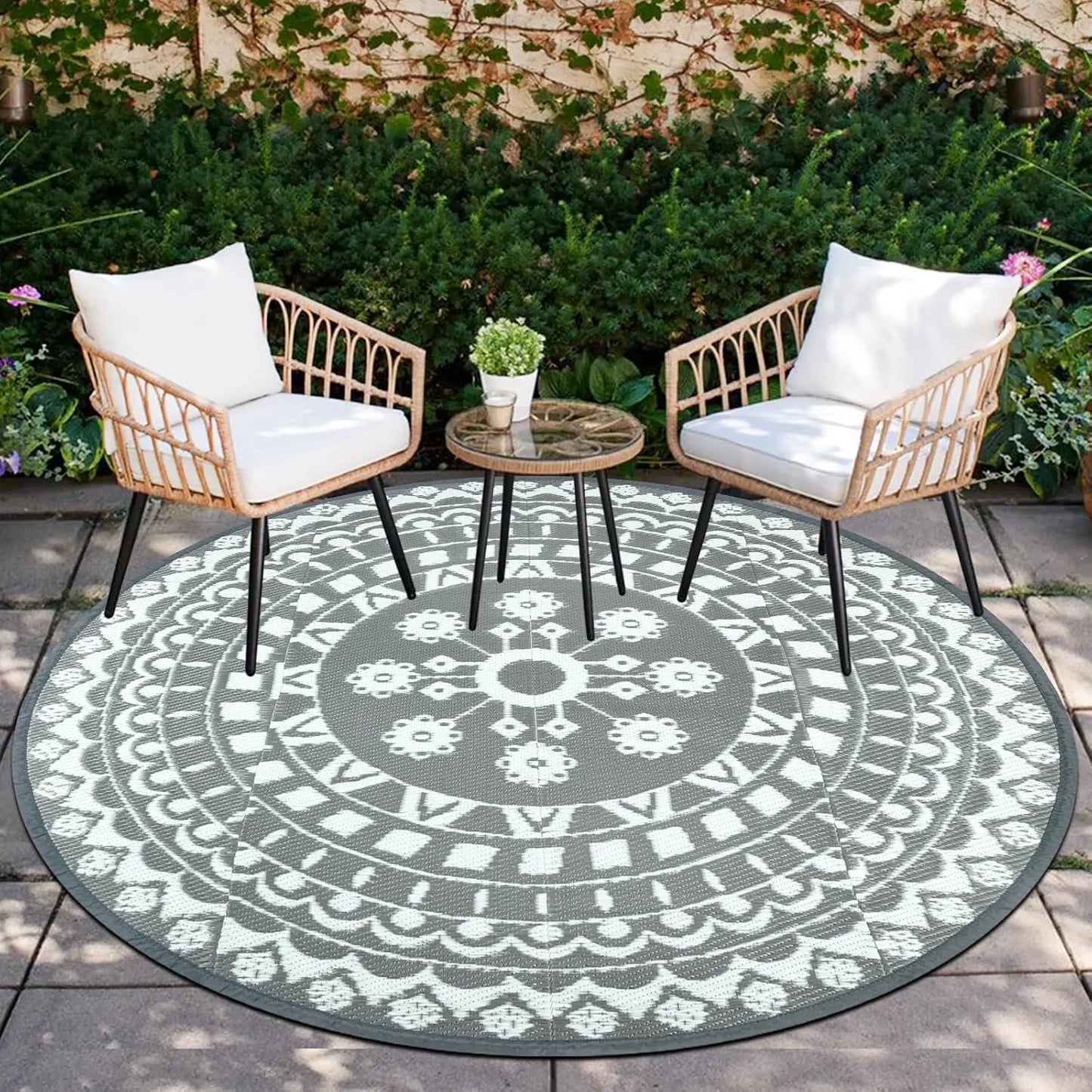 6Ft Round Reversible Waterproof Plastic Straw Boho Circle Indoor/Outside Area Rug for RV and Patio