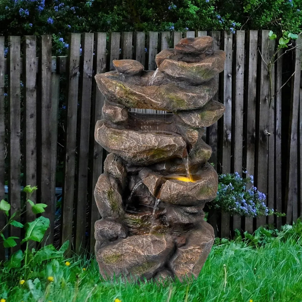 5 Tier 31.5"H Rustic Rock Freestanding Outdoor Floor Waterfall Fountain with Cascading Streams & LED Lights