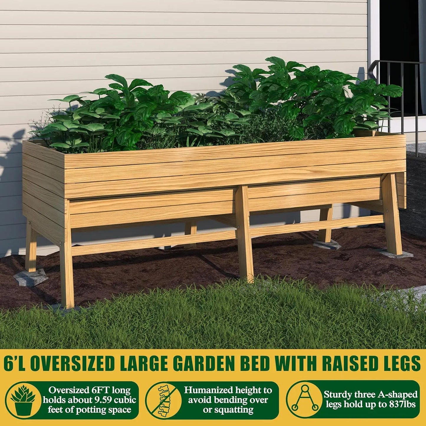 6 x 3 x 2FT, Raised Wood Garden Beds Outdoor with 6 Legs and Detachable Liner for Backyard, Patio