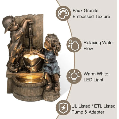 Water Fountain with LED Light, Children Playing with Faucet Waterfall Fountains, Antique Bronze Resin Boy and Girl Statues.
