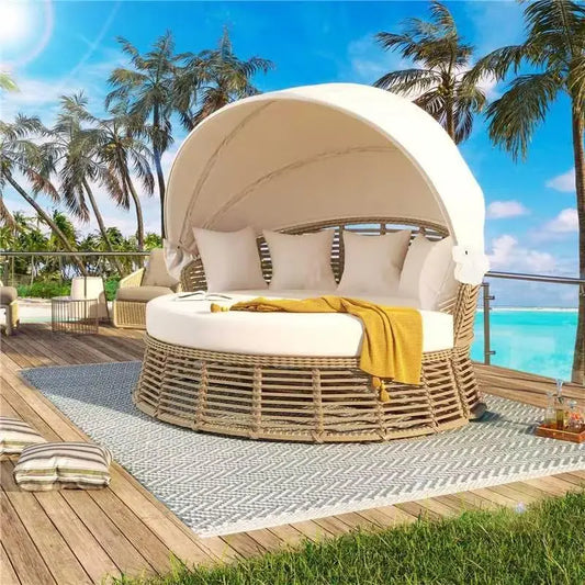 Outdoor Rattan Wicker Round Daybed with Retractable Canopy and Removable Cushions for Pool side Sunbed or Patio