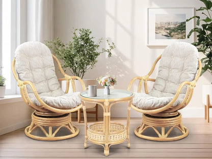 Set of 2Natural Rattan Wicker Handmade Bali Lounge Swivel Rocking Chairs with Cream Cushion and Pelangi Round Coffee Table