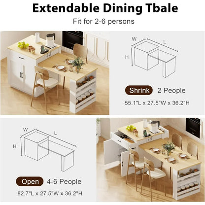 82.7" Portable Kitchen Island with Extendable Dining Table for 2-6 Person with Double-sized Storage, Power Outlet,