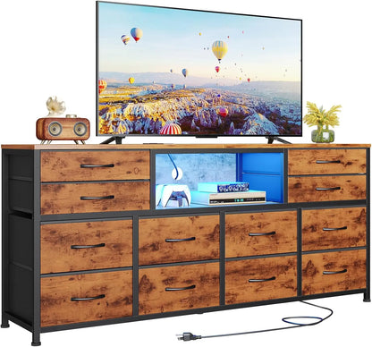 55" Entertainment LED TV Stand Dresser for Bedroom with Power Outlets,12 Drawers, and Media Console Table