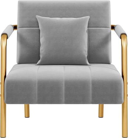 30" W Oversized Velvet Accent Armchair with Golden Frame & Cozy Pillows for the  Living Room, Light Gray