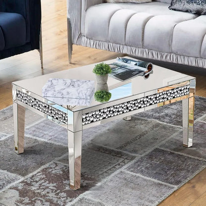 Mirrored Coffee Table, Silver Living Room Table with Cryatal Diamond Inlay, Modern Luxury Mirrored Furniture Tea Table