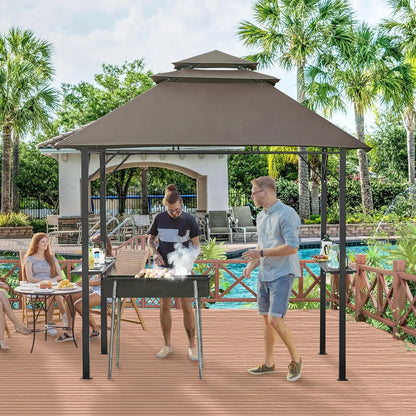 8x5' 3-Tier Grill Gazebo for Cookouts with Height-Adjustable Shelves & 10 S-Shaped Hooks & Built-in Bottle Opener, Brown