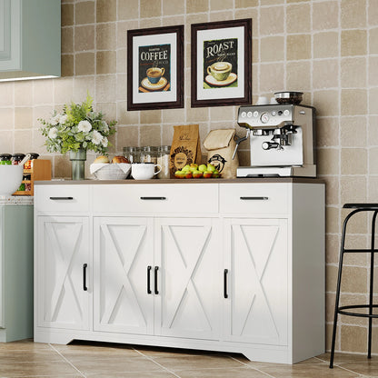 55" Large Sideboard Buffet Storage Cabinet with 3 Drawers and 4 Doors, Wood