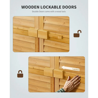 Vertical Tall Wooden Garden Storage Cabinet with 3 Shelves, Double Lock and Waterproof Roof.