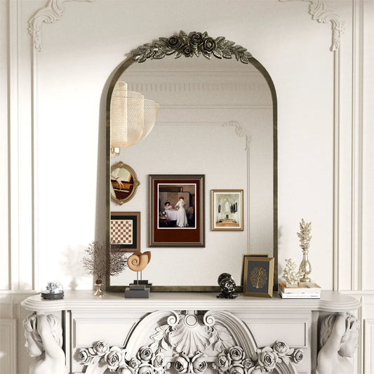 Antique Arched Brass Metal Frame Wall Mirror Adorned with Resin Rose Pattern for Entryway, Fireplace, Living Room