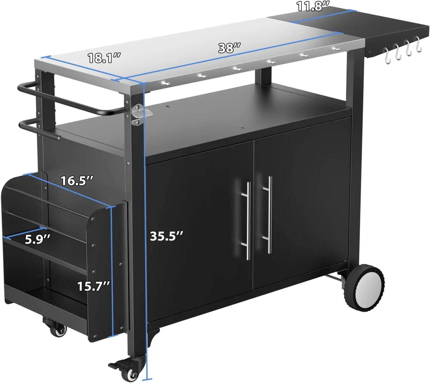 Outdoor Weatherproof Grill Cart Storage and Spice Rack Patio Kitchen Island with Wheels, Hooks .
