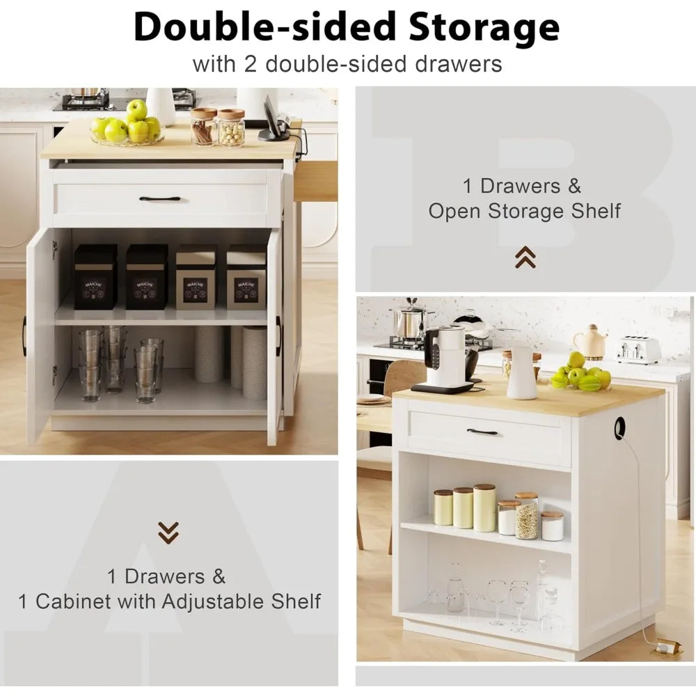82.7" Portable Kitchen Island with Extendable Dining Table for 2-6 Person with Double-sized Storage, Power Outlet,