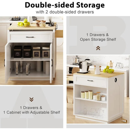 82.7" Portable Kitchen Island with Extendable Dining Table for 2-6 Person with Double-sized Storage, Power Outlet,