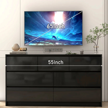 55 Inch Modern 7 Drawer Dresser with High Gloss Drawers, Large Wood Chest of Drawer for the Bedroom White/Black