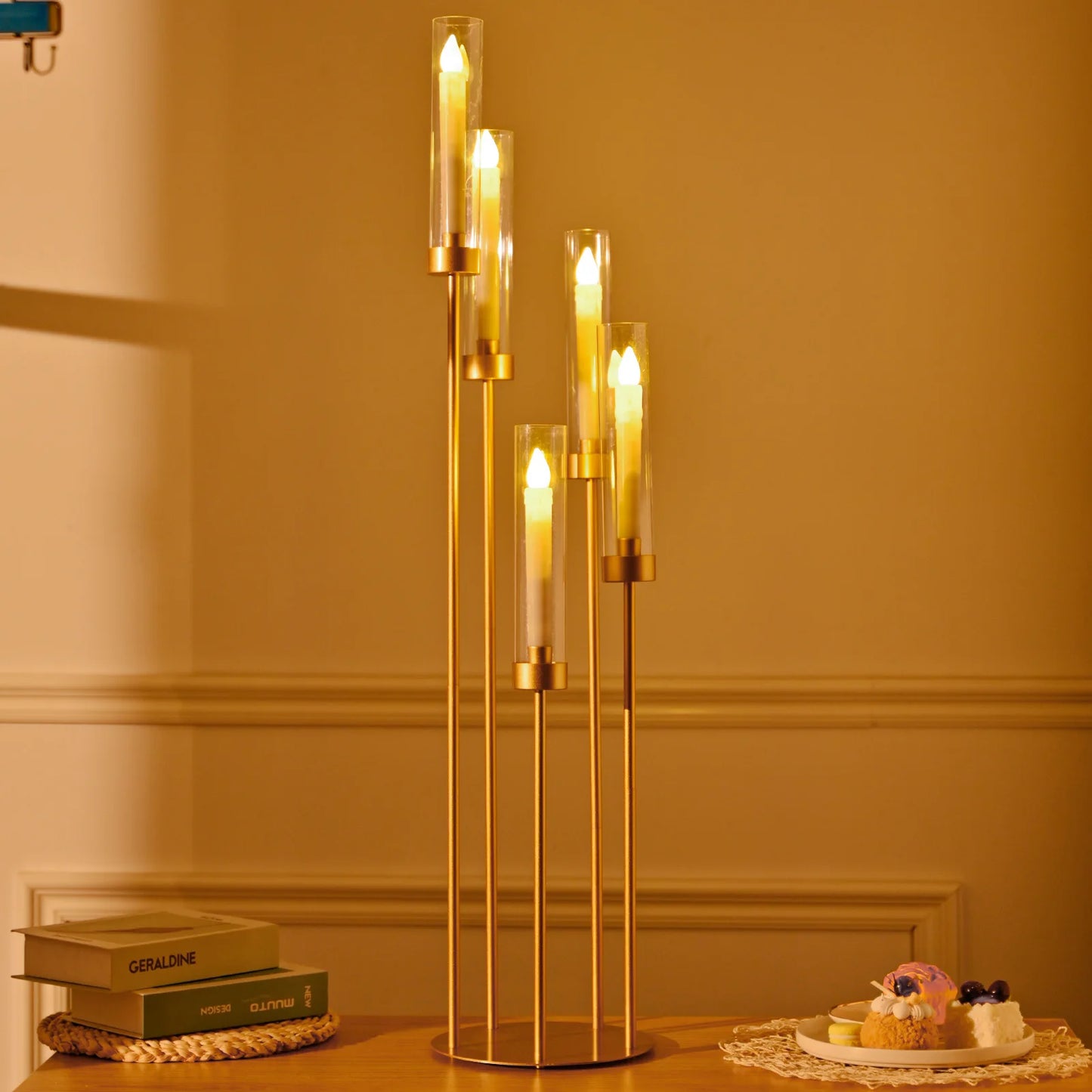 10PCS Tall Gold Floor Candelabra, 5 Arm Candle Holder with Acrylic Lampshade for Wedding Table or Birthday Party