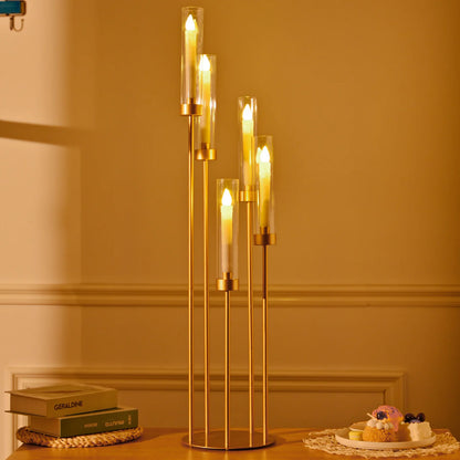 10PCS Tall Gold Floor Candelabra, 5 Arm Candle Holder with Acrylic Lampshade for Wedding Table or Birthday Party
