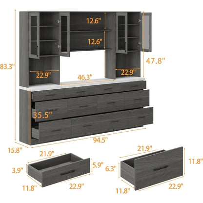 94.5" W Modern Wooden Kitchen Pantry with Countertop, 12 Drawers & 4 Glass Doors, Cupboard Storage Cabinet  and 6 Hidden Shelves