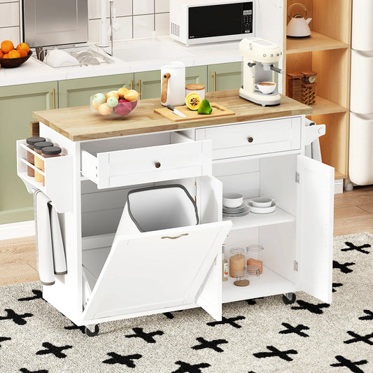 Kitchen Island Table on Wheels with Storage, Drop Leaf, Spice & Towel Rack