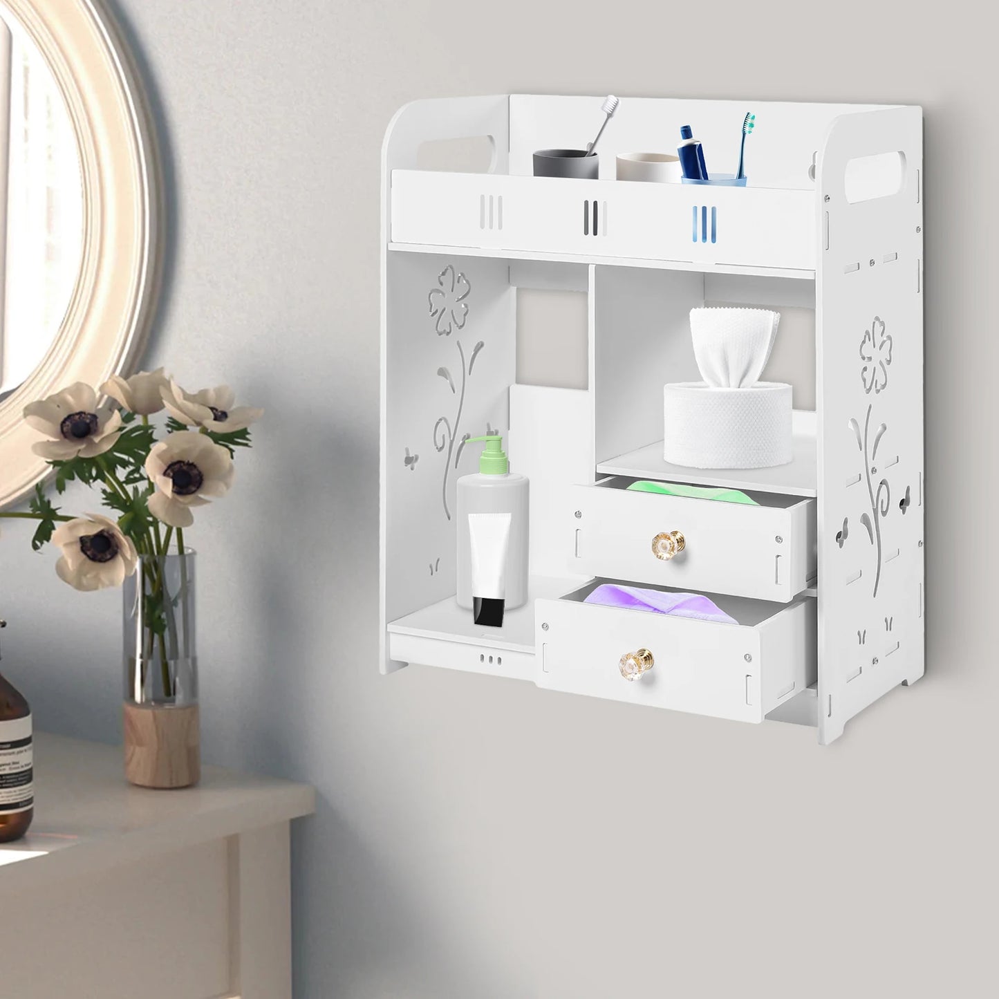 38x18x43cm Wall-Mounted Bathroom 2 drawer Storage, Organizer Cabinet for Bathroom, Bedroom