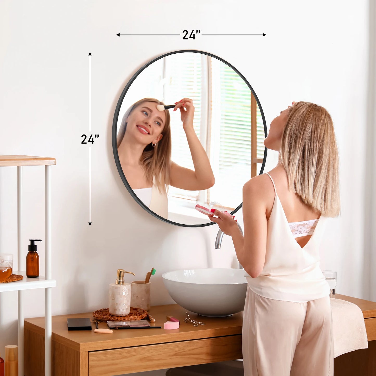 Large Gold Round 30 inch Modern Tempered Glass Framed Mirror for the Wall in Bedrooms or Living Room