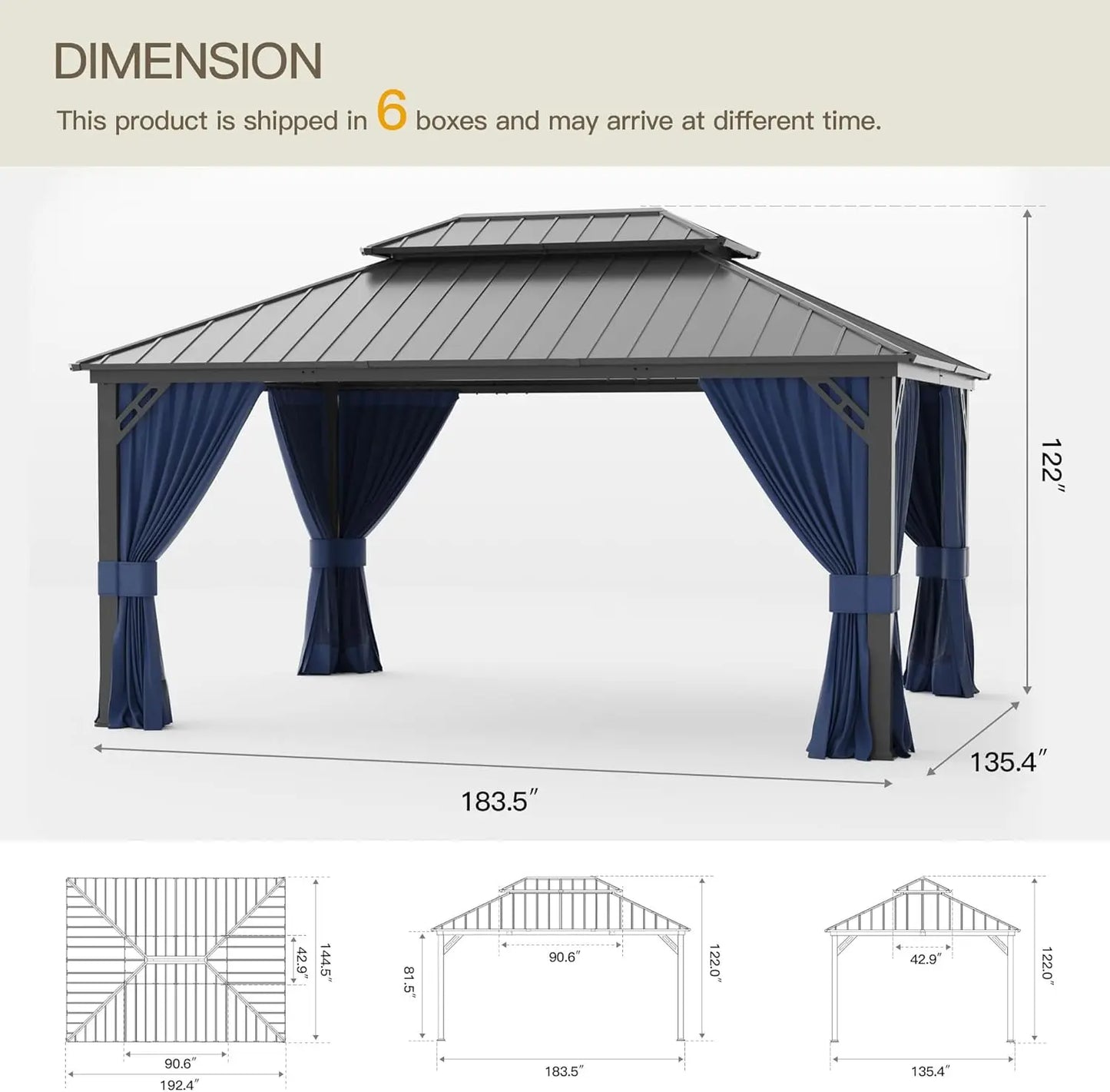 12'x16' Hardtop Galvanized Steel Metal Double Roof Gazebo with Curtains and Netting for Patios, Gardens, Navy and Blue