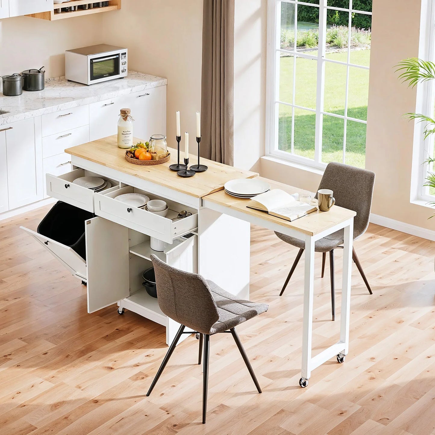 81.7" Mobile Kitchen Storage Islands with Extendable Dining Table, Rolling Kitchen Cart with Power Outlet, Trash Cabinet