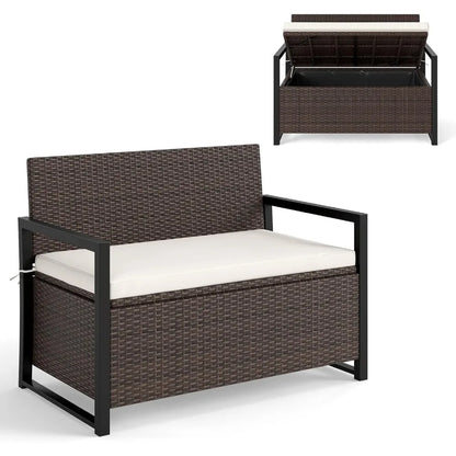 40 Gallon Patio Wicker Metal Frame Storage Bench with Cushion and Cover for backyard.