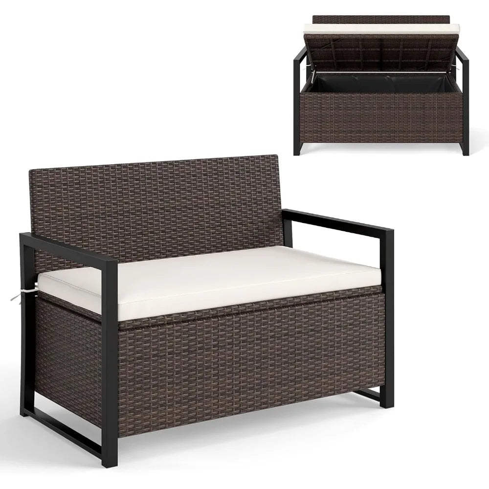 40 Gallon Patio Wicker Metal Frame Storage Bench with Cushion and Cover for backyard.