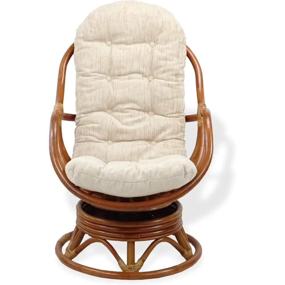 Set of 2Natural Rattan Wicker Handmade Bali Lounge Swivel Rocking Chairs with Cream Cushion and Pelangi Round Coffee Table