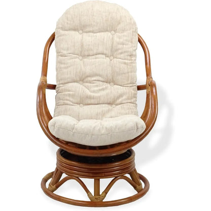 Set of 2Natural Rattan Wicker Handmade Bali Lounge Swivel Rocking Chairs with Cream Cushion and Pelangi Round Coffee Table