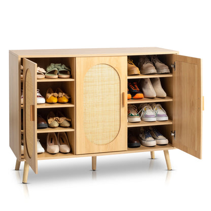 Modern Rattan Shoe Storage Cabinet with 3 Doors and Adjustable Shelves