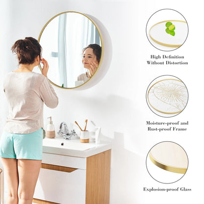 Large Gold Round 30 inch Modern Tempered Glass Framed Mirror for the Wall in Bedrooms or Living Room