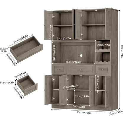 72" Tall Large Modern Kitchen Hutch Pantry Storage Cabinet with Wine Rack, Microwave Stand for Kitchen or Dining Room