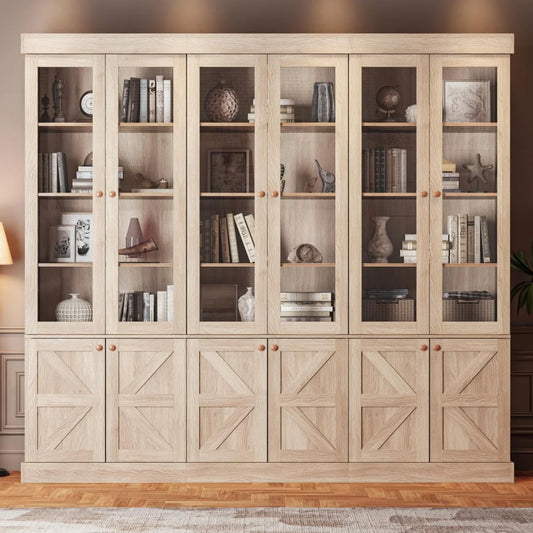 71" Tall Farmhouse Set of 3 Large Storage Cabinets with Glass Doors & Adjustable Shelves, Versatile Wood Hutch
