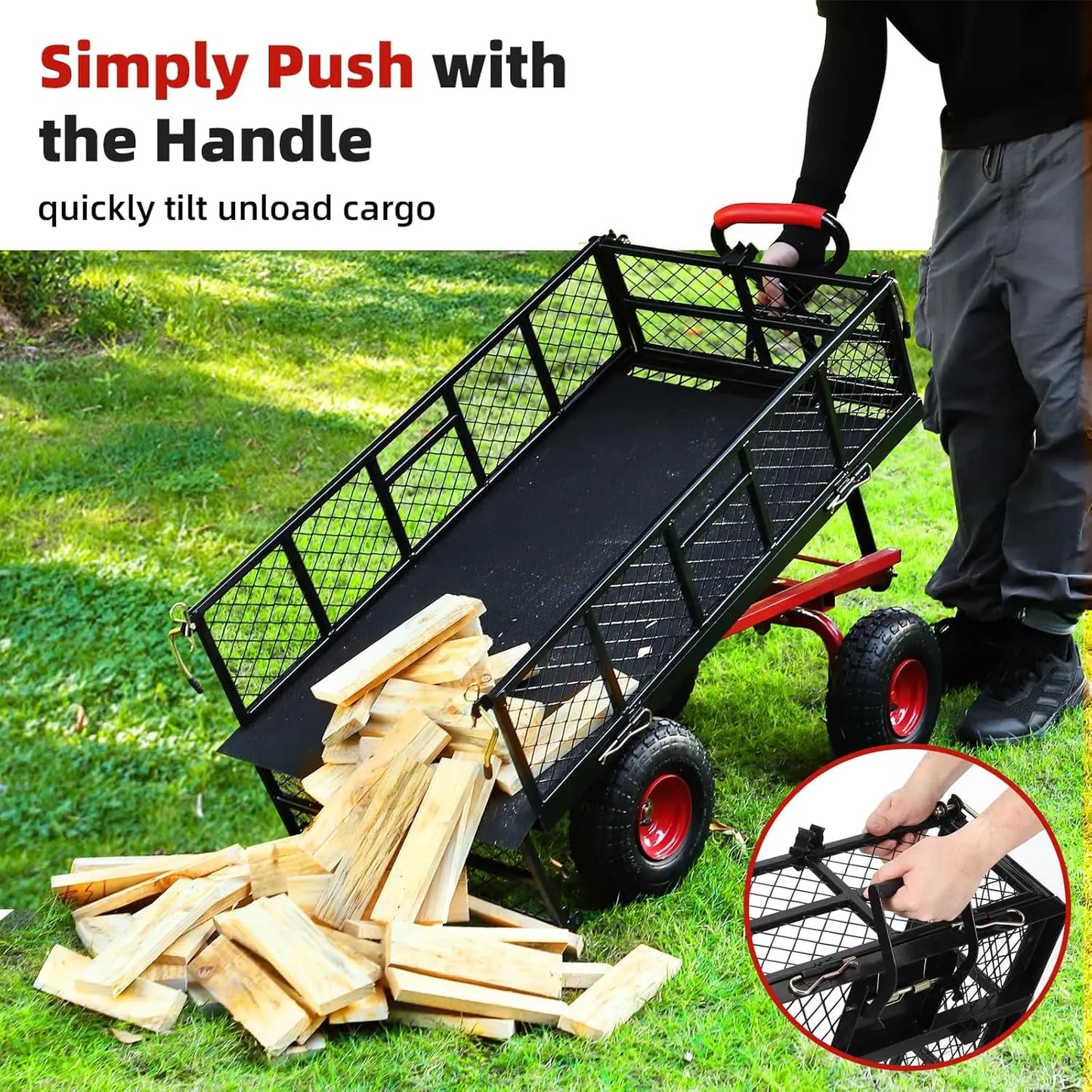 Heavy Duty Steel Garden Dump Cart Metal Garden Wagon with Removable Mesh Sides Utility  and Rotating Handle