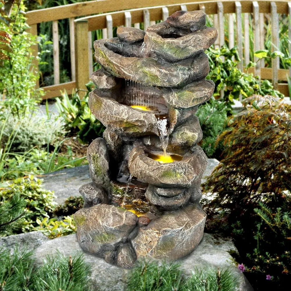 5 Tier 31.5"H Rustic Rock Freestanding Outdoor Floor Waterfall Fountain with Cascading Streams & LED Lights