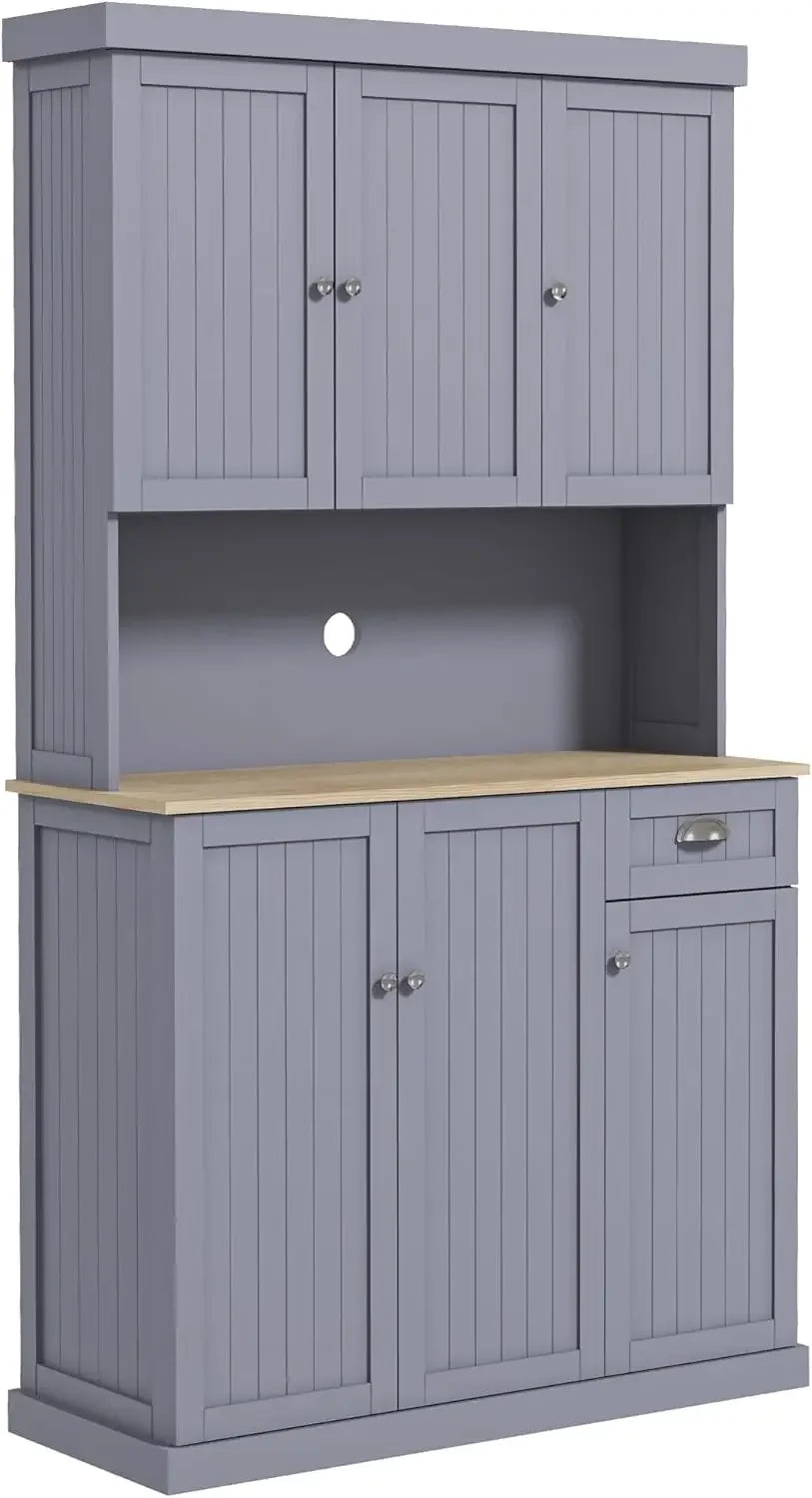 71" Modern Farmhouse Buffet Kitchen Pantry Storage Cabinet with Microwave Oven Countertop, Drawers and Hutch