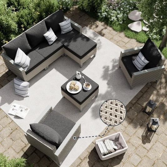 7 Piece Modern Rattan Modular Wicker Outdoor Sectional Sofa with Ottomans and Thick Cushions